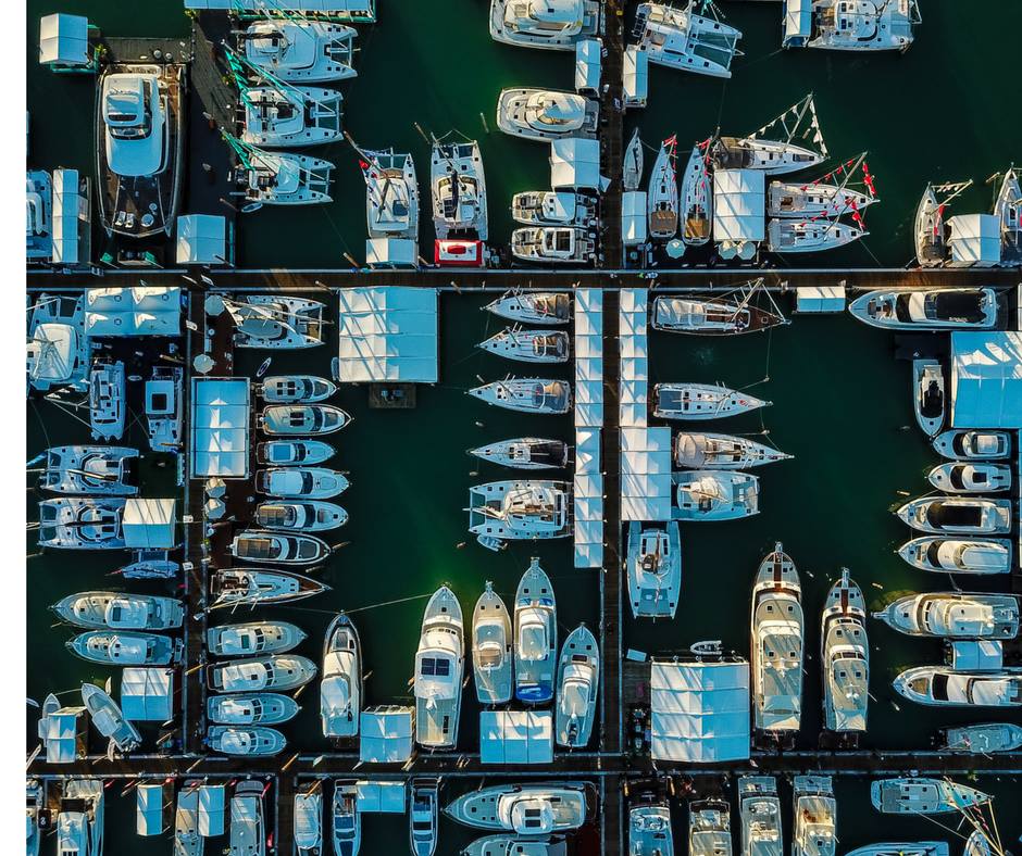 Image of boats parked for Miami Boat Show. 